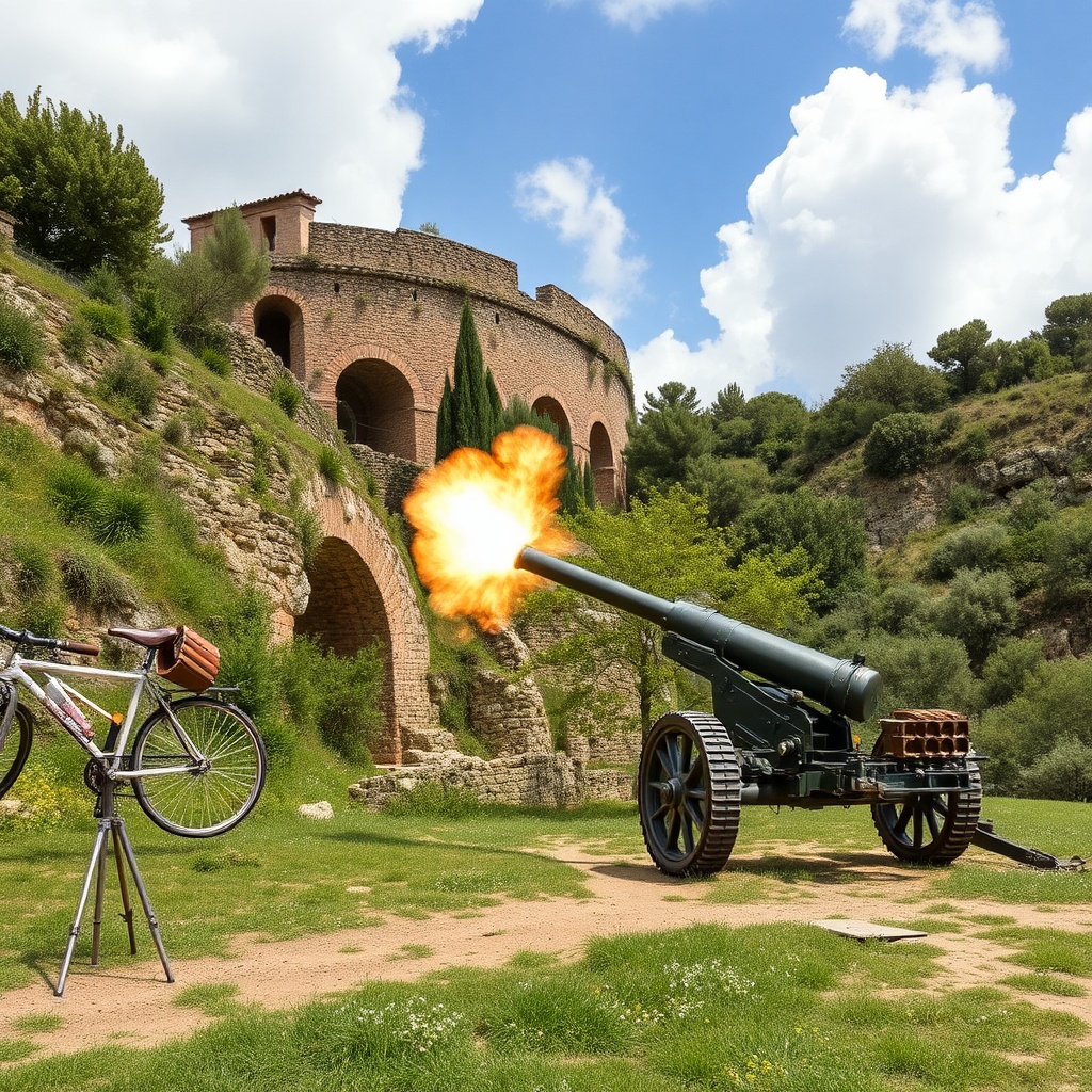 AI generated image by FLUX.1-schnell: Artillero español disparando con un cañón hacia un acueducto romano antiguo